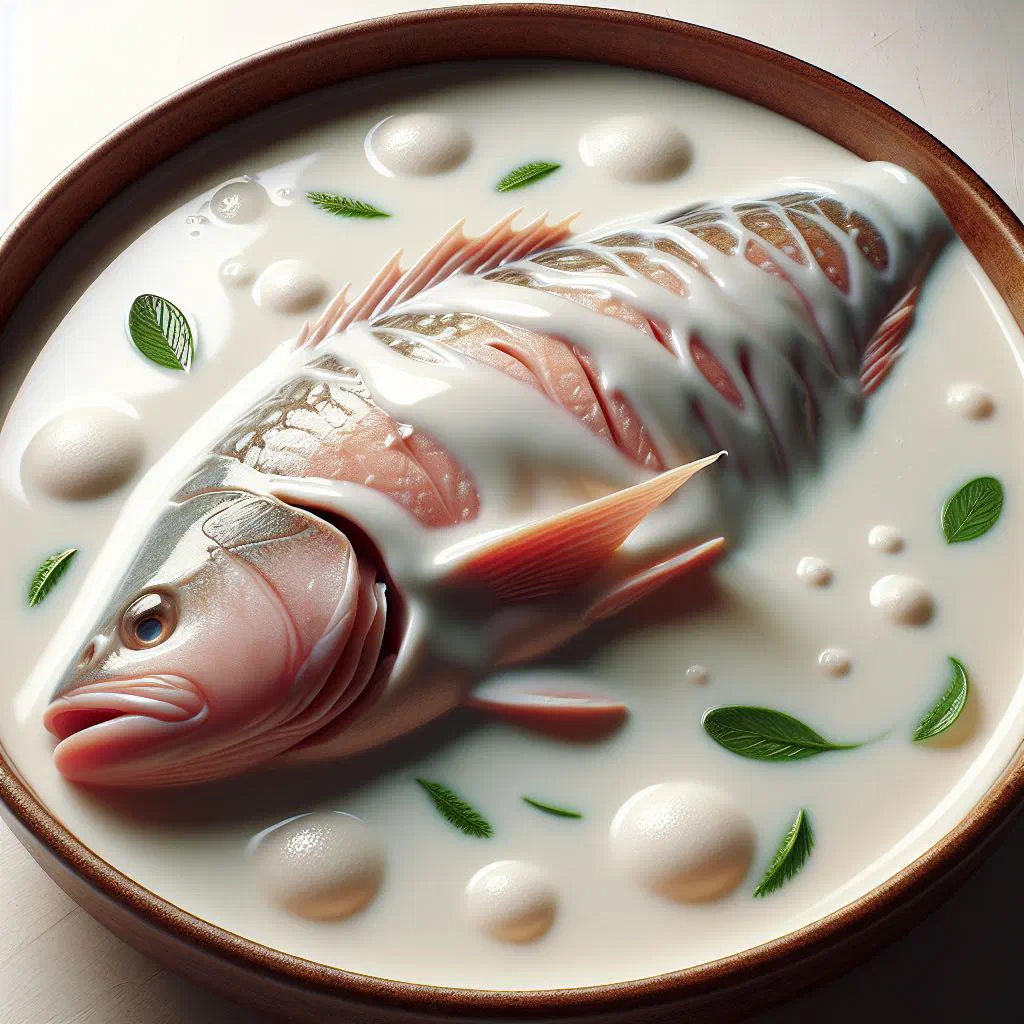 Poached fish fillets in a creamy coconut milk sauce with fresh herbs and lime