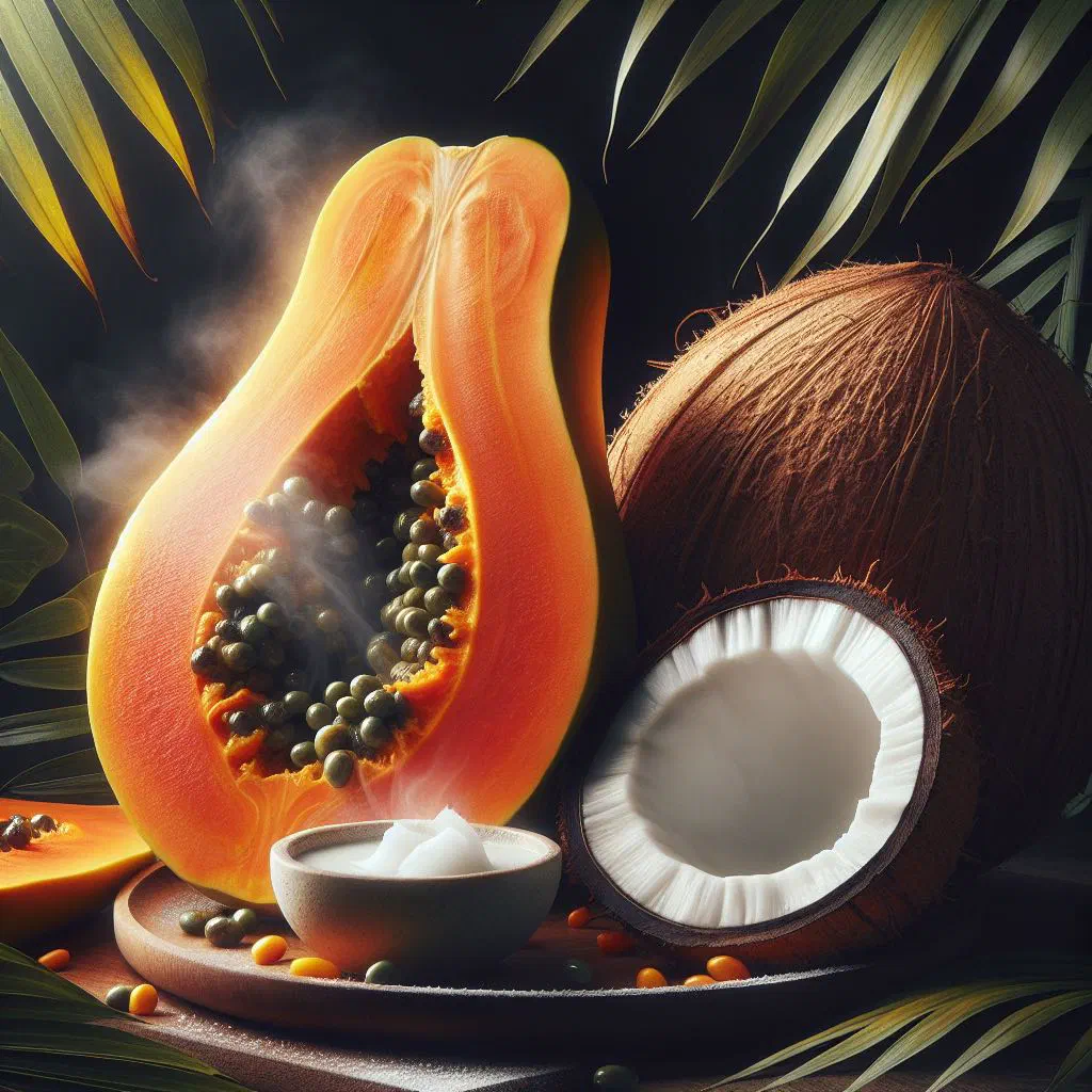 Steamed papaya topped with toasted coconut on a plate