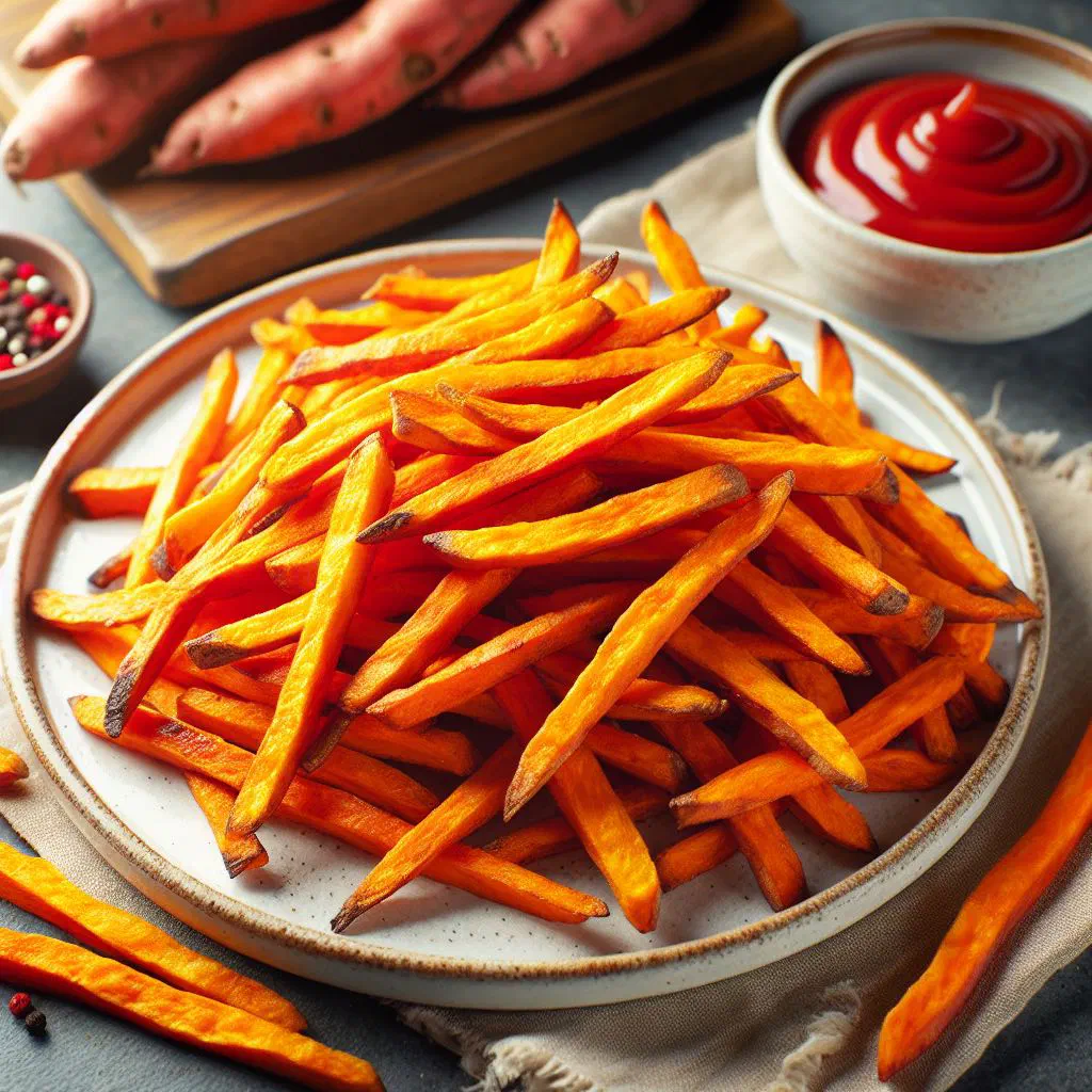 Crispy golden sweet potato fries on a rustic wooden board