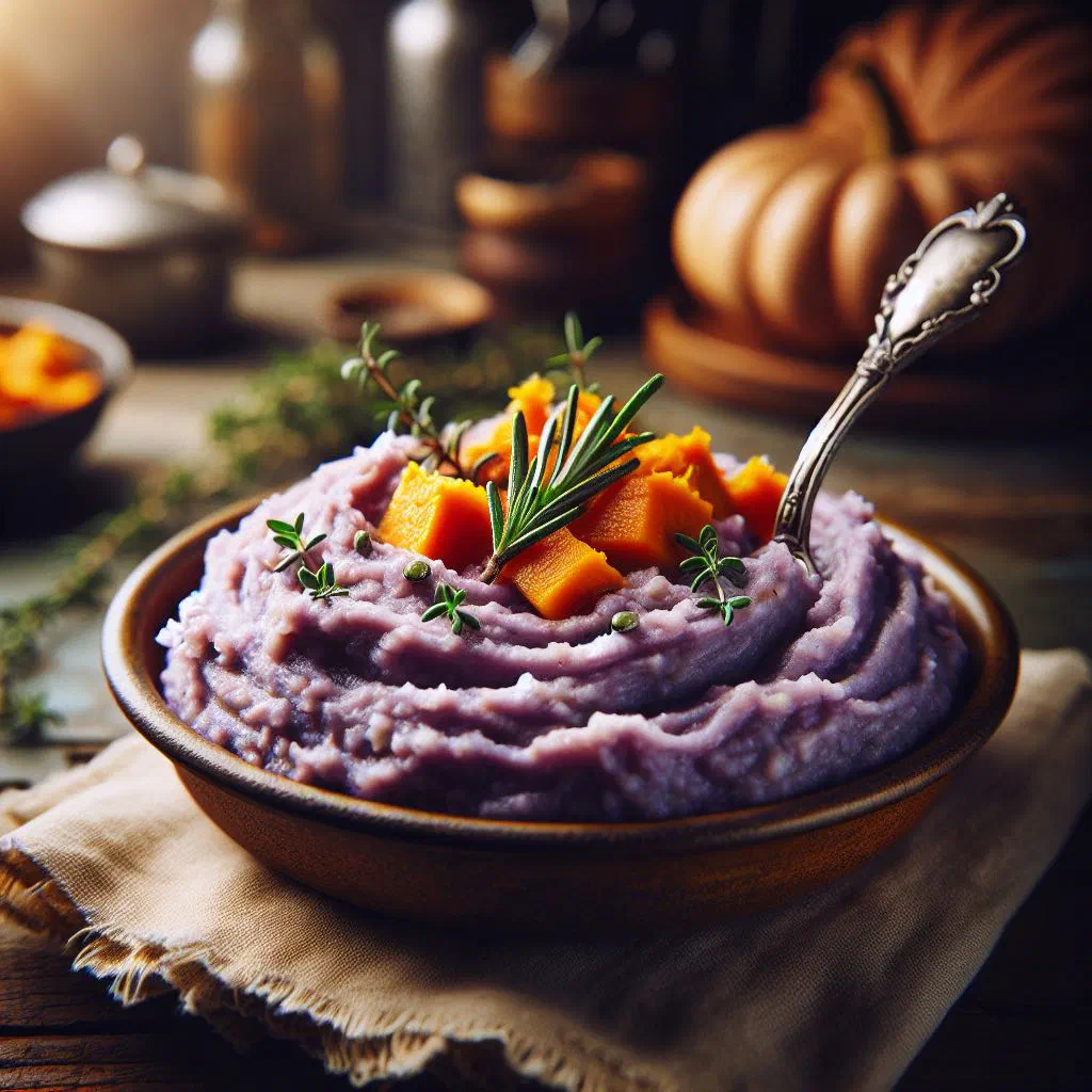 Creamy taro and pumpkin mash in a white bowl with a drizzle of oil