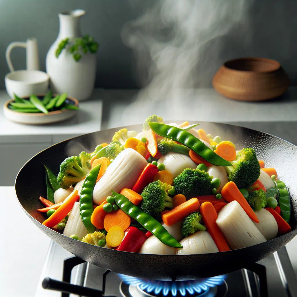 Colourful vegetable stir-fry with diced taro garnished with fresh herbs