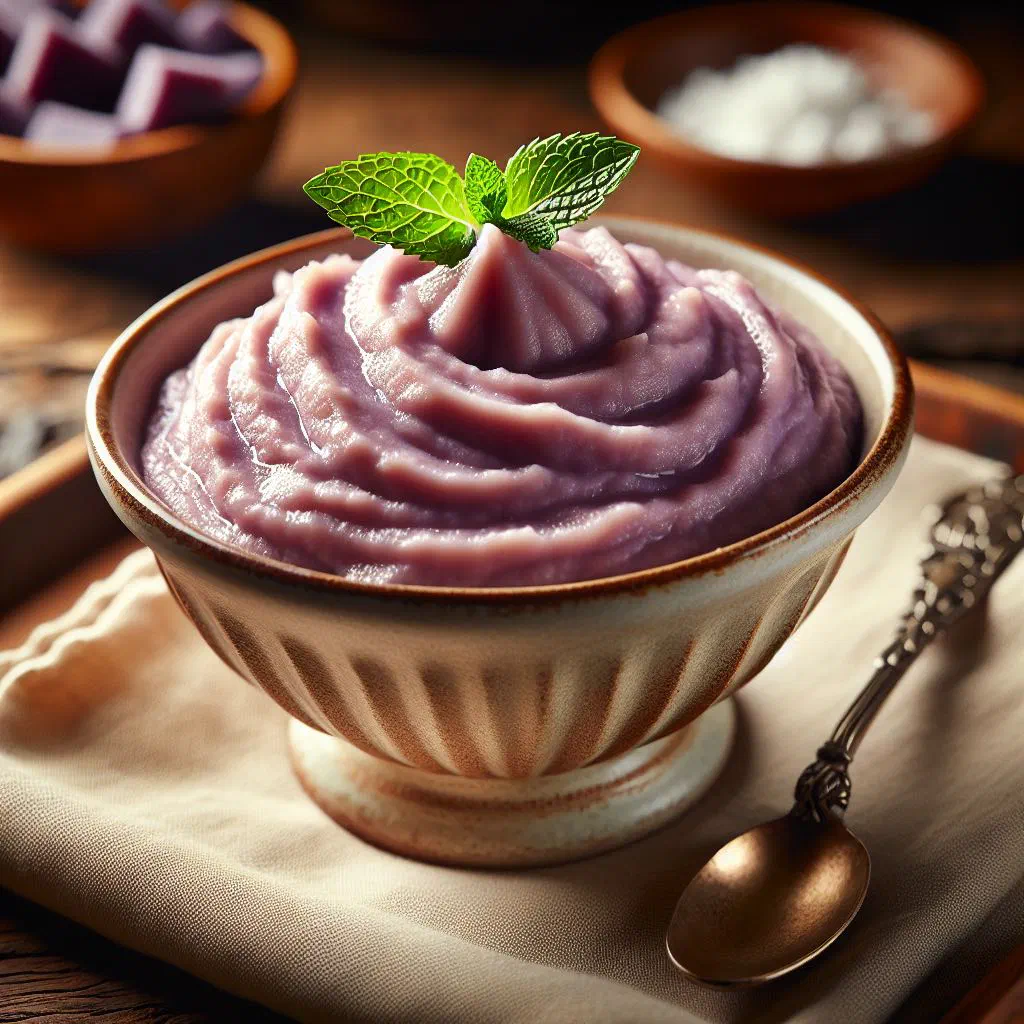 Baked yam pudding topped with coconut and fresh fruit
