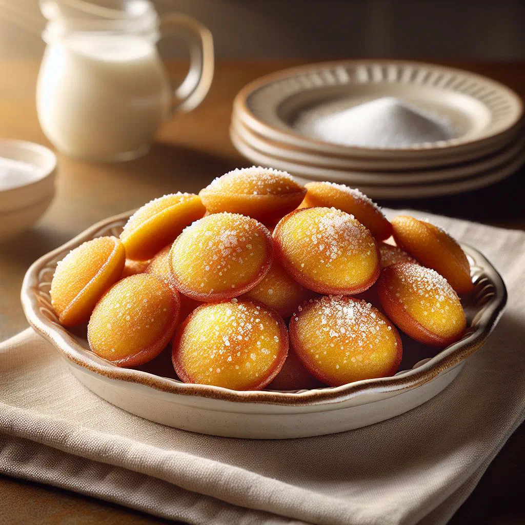 Golden pan-fried sweet cornmeal arepitas dusted with icing sugar