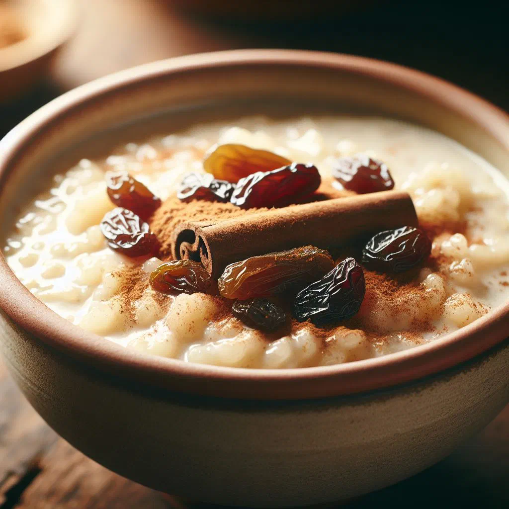 Creamy arroz con leche in a bowl, dusted with ground cinnamon