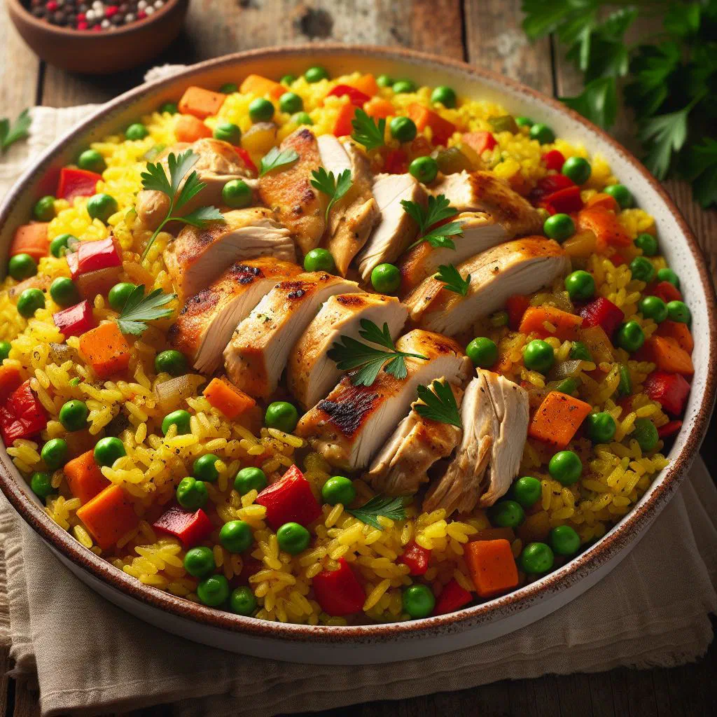 Venezuelan arroz con pollo with golden rice, chicken and peppers in a pan