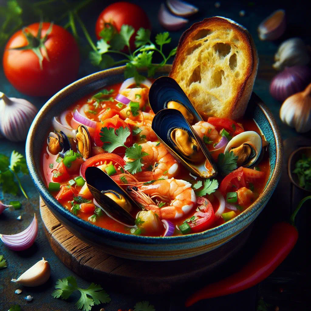 Bowl of Venezuelan seafood and rice soup with prawns, mussels and fresh coriander
