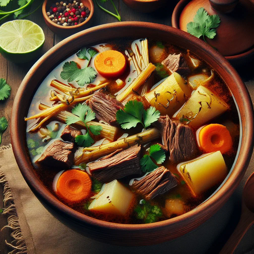 Bowl of Venezuelan beef soup with corn, potatoes and fresh coriander