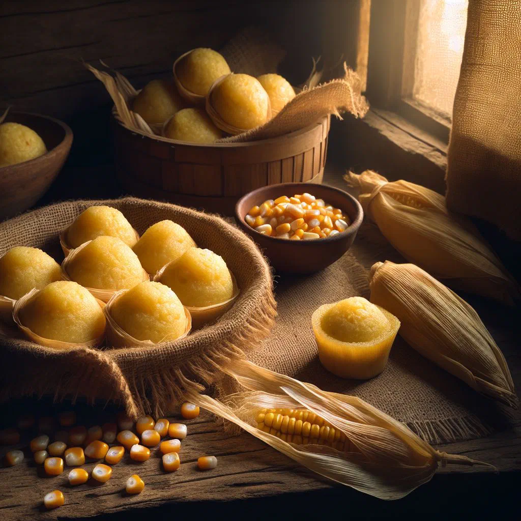 Steamed Venezuelan corn dumplings unwrapped from banana leaves on a wooden board