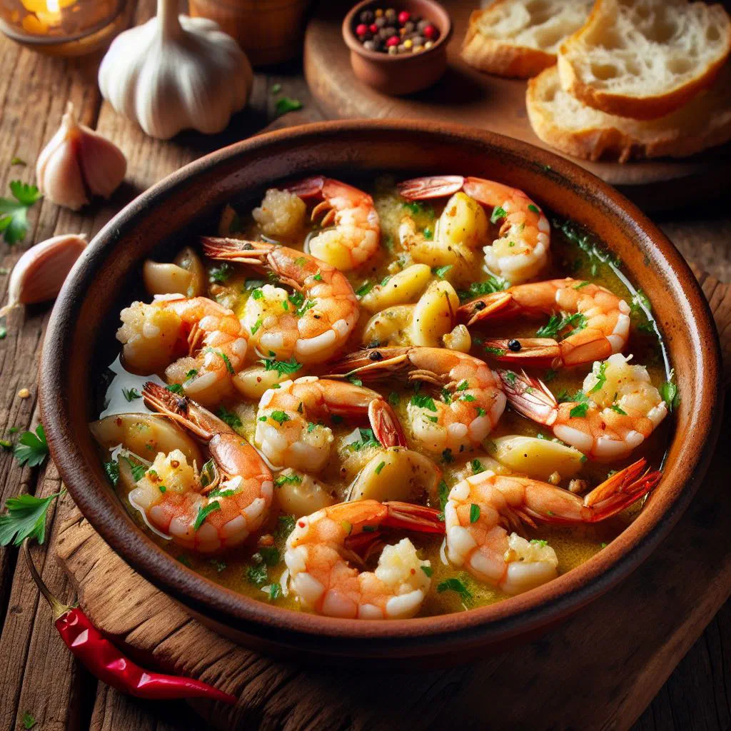 Garlic prawns in olive oil with parsley and lime wedges