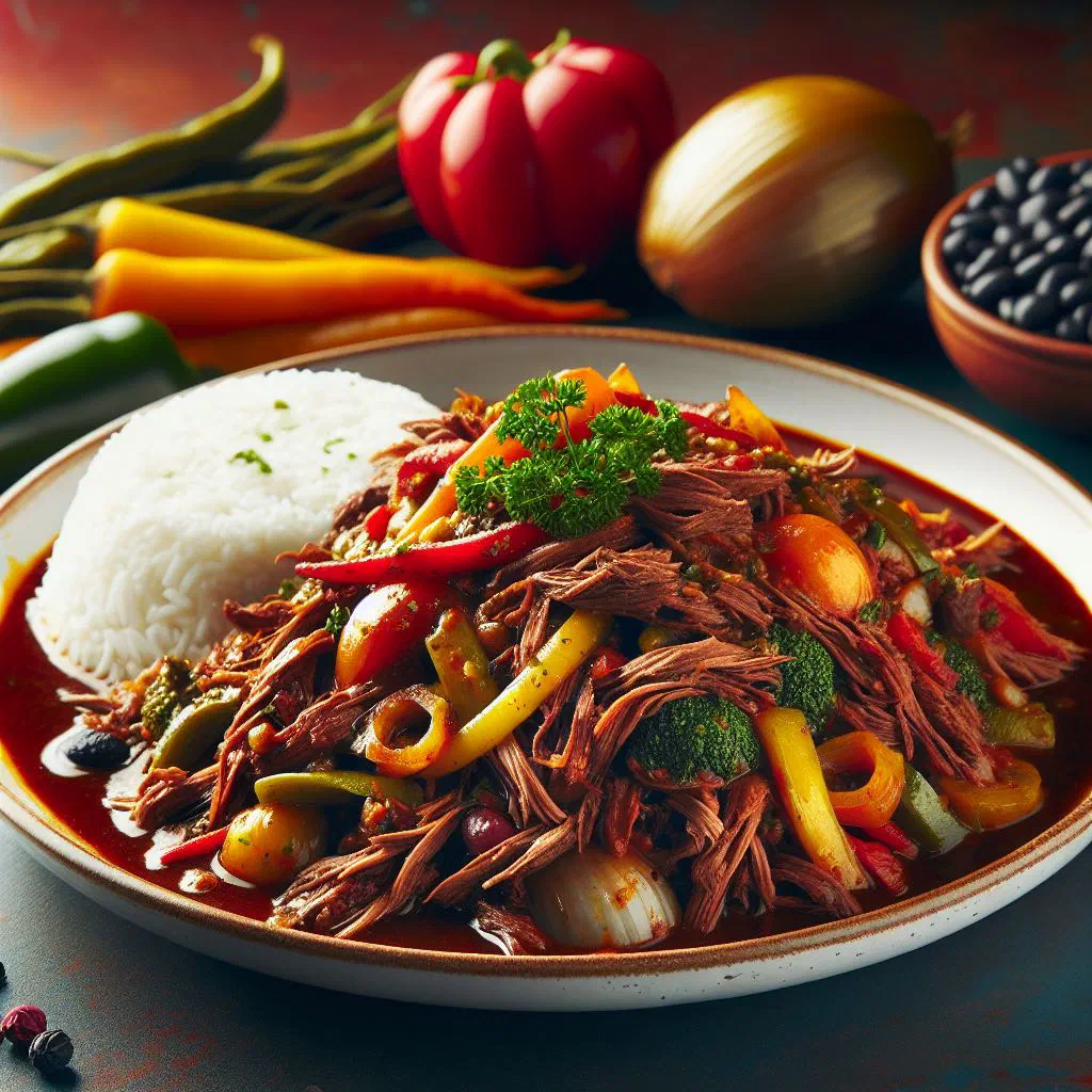 Shredded beef carne mechada in a rich tomato and pepper sauce