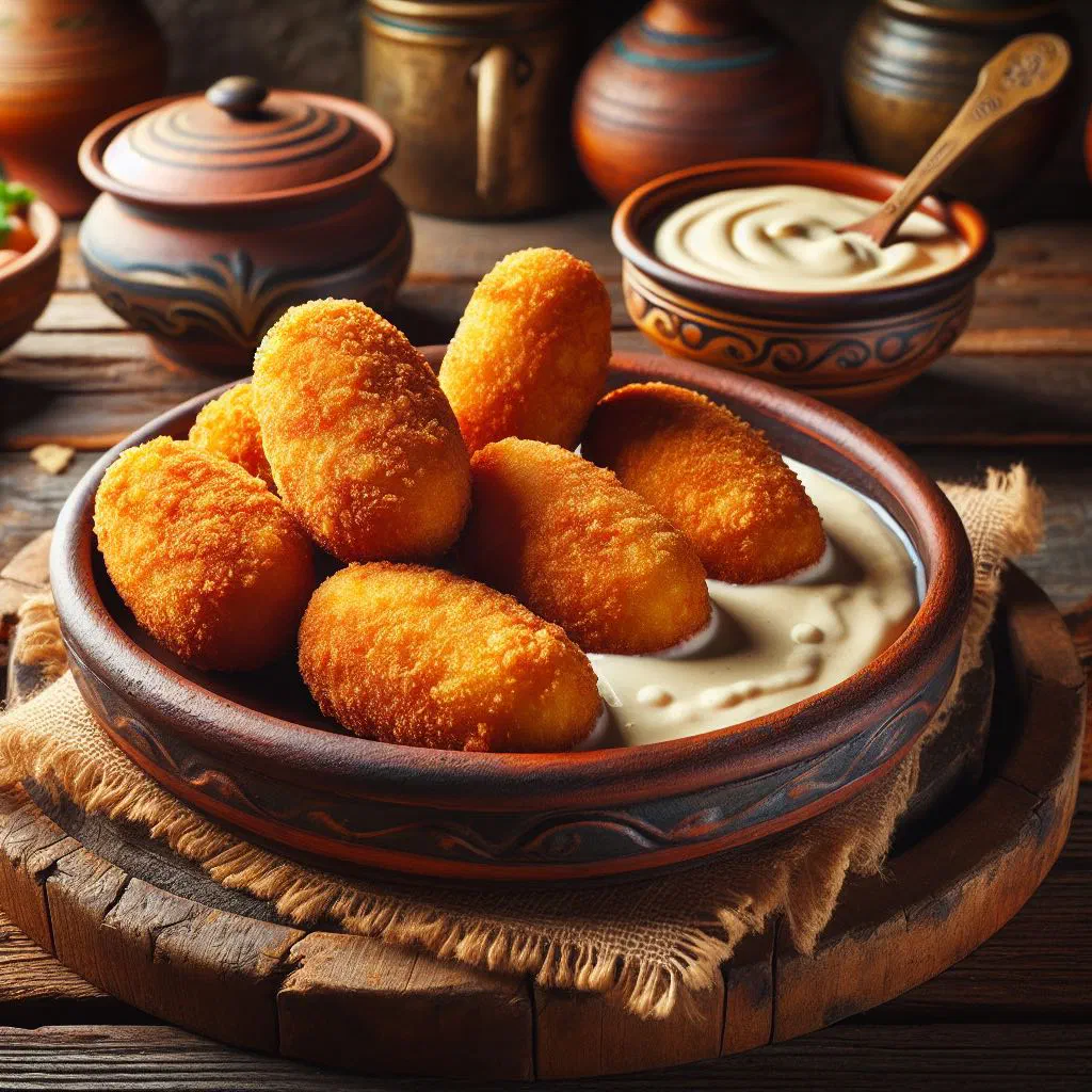 Golden fried Venezuelan fish croquettes served with lime wedges and dipping sauce
