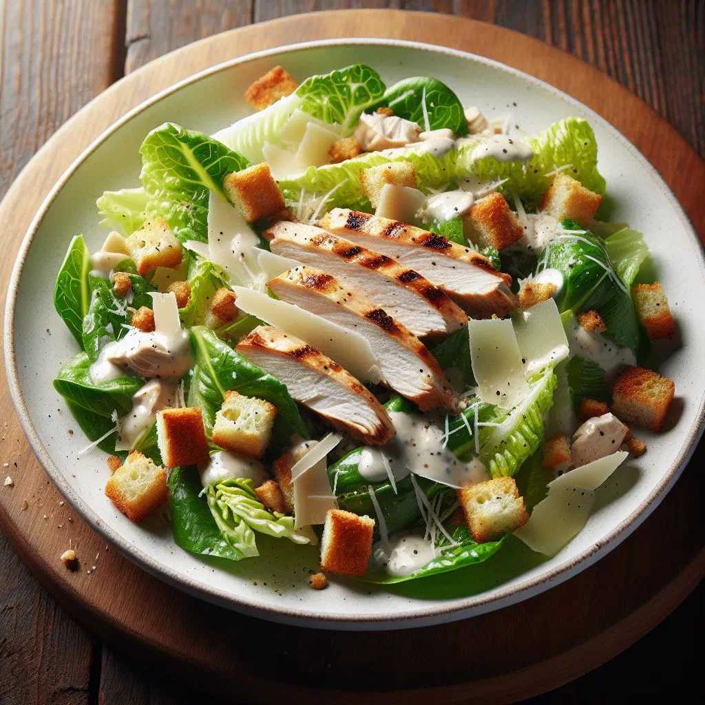 Ensalada César with romaine lettuce, grilled chicken strips, croutons and grated Parmesan