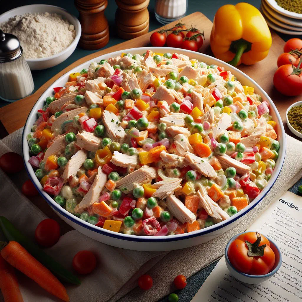 Creamy Venezuelan chicken salad with diced potato, carrot and peas, garnished with parsley