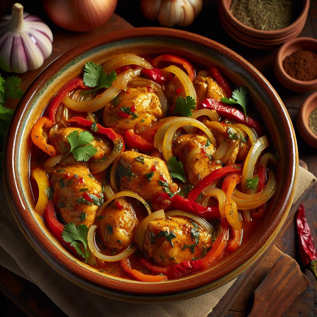 Marinated chicken escabeche with onion rings, carrot slices and peppers