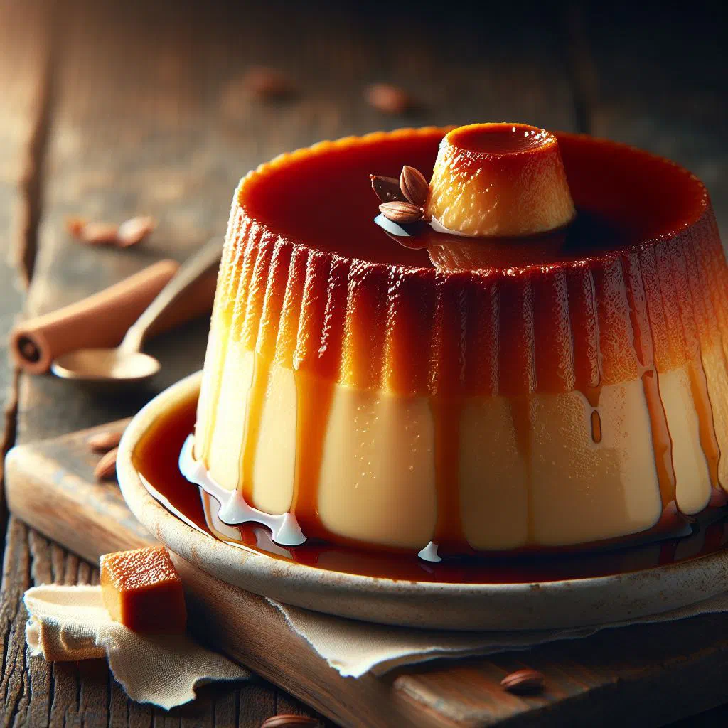 Slice of Venezuelan cheese flan with glossy caramel sauce