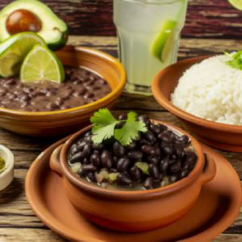 Bowl of Venezuelan black beans garnished with fresh coriander