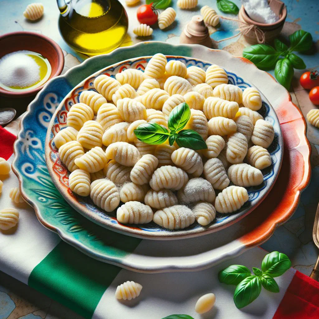 Venezuelan gnocchi in tomato sauce garnished with fresh herbs