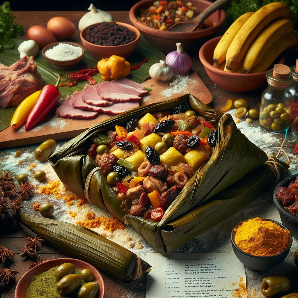 Hallacas wrapped in banana leaves, one opened to show the meat filling