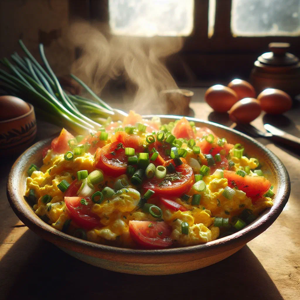 Venezuelan huevos pericos, scrambled eggs with peppers, tomato and onion