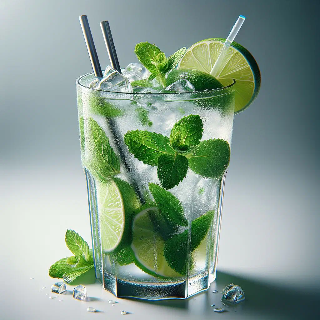 Mojito criollo in a tall glass with mint leaves, lime slices and crushed ice