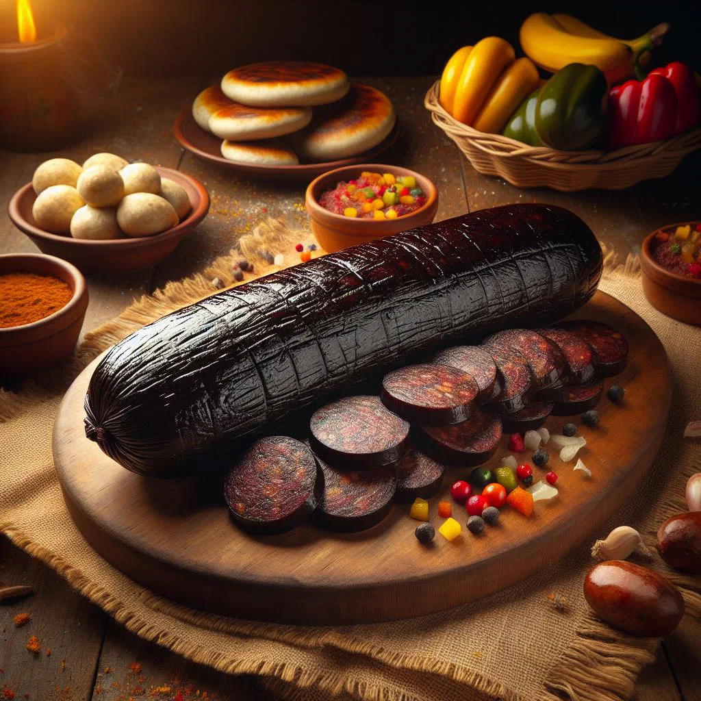 Sliced Venezuelan morcilla sausage grilled and served with fresh herbs