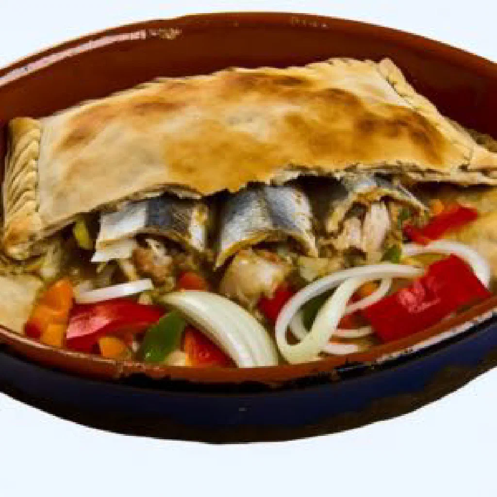 Golden baked pastel de chucho with a savoury fish filling on a plate