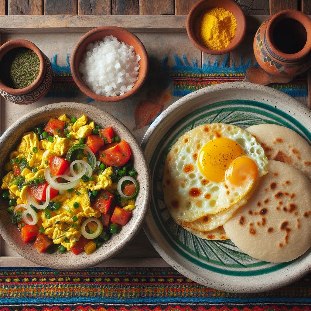 Split arepas filled with Venezuelan scrambled eggs, tomato and onion