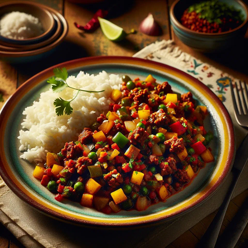 Venezuelan picadillo with minced beef, peppers, carrots and peas, garnished with coriander