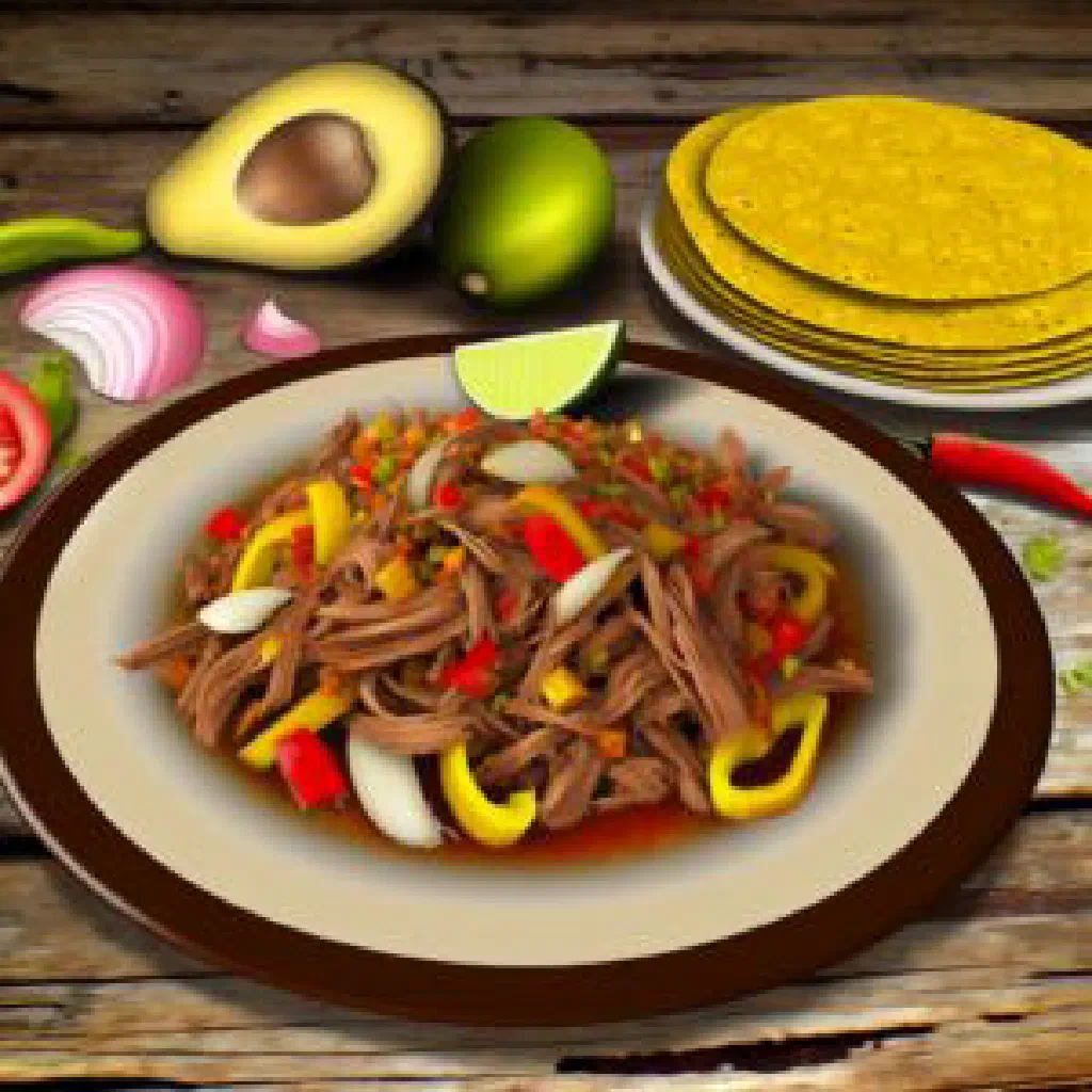 Shredded slow-cooked capybara meat with peppers, tomatoes and fresh coriander