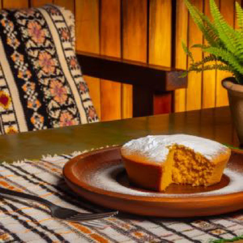 Slice of Venezuelan pumpkin cake dusted with icing sugar