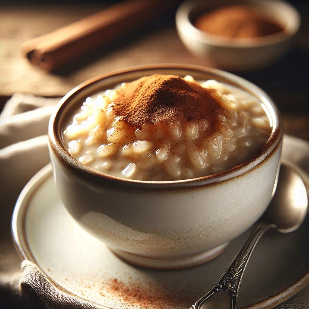 Creamy Venezuelan rice pudding dusted with cinnamon in a small bowl