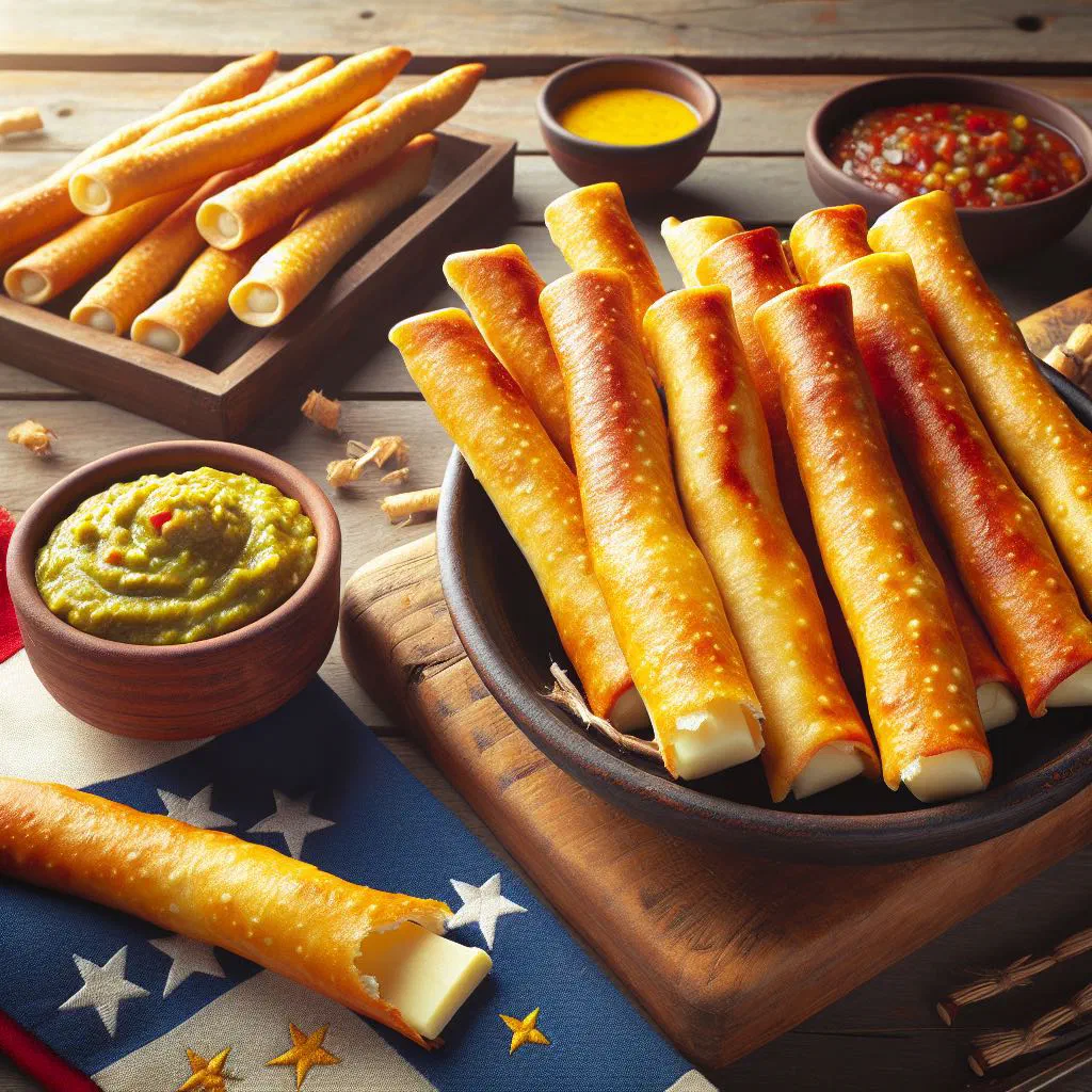 Golden fried Venezuelan tequeños cheese sticks served with a dip