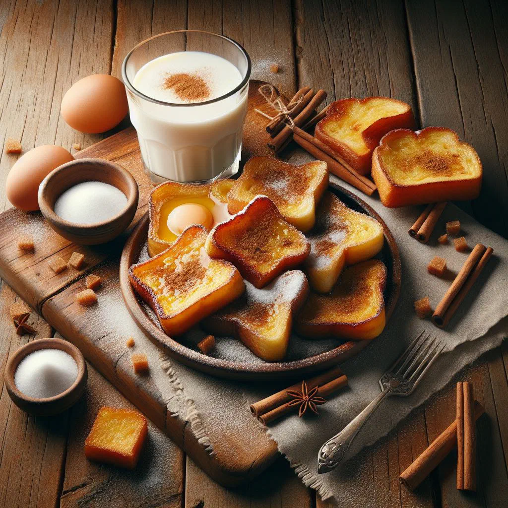 Golden fried torrijas dusted with cinnamon sugar on a plate