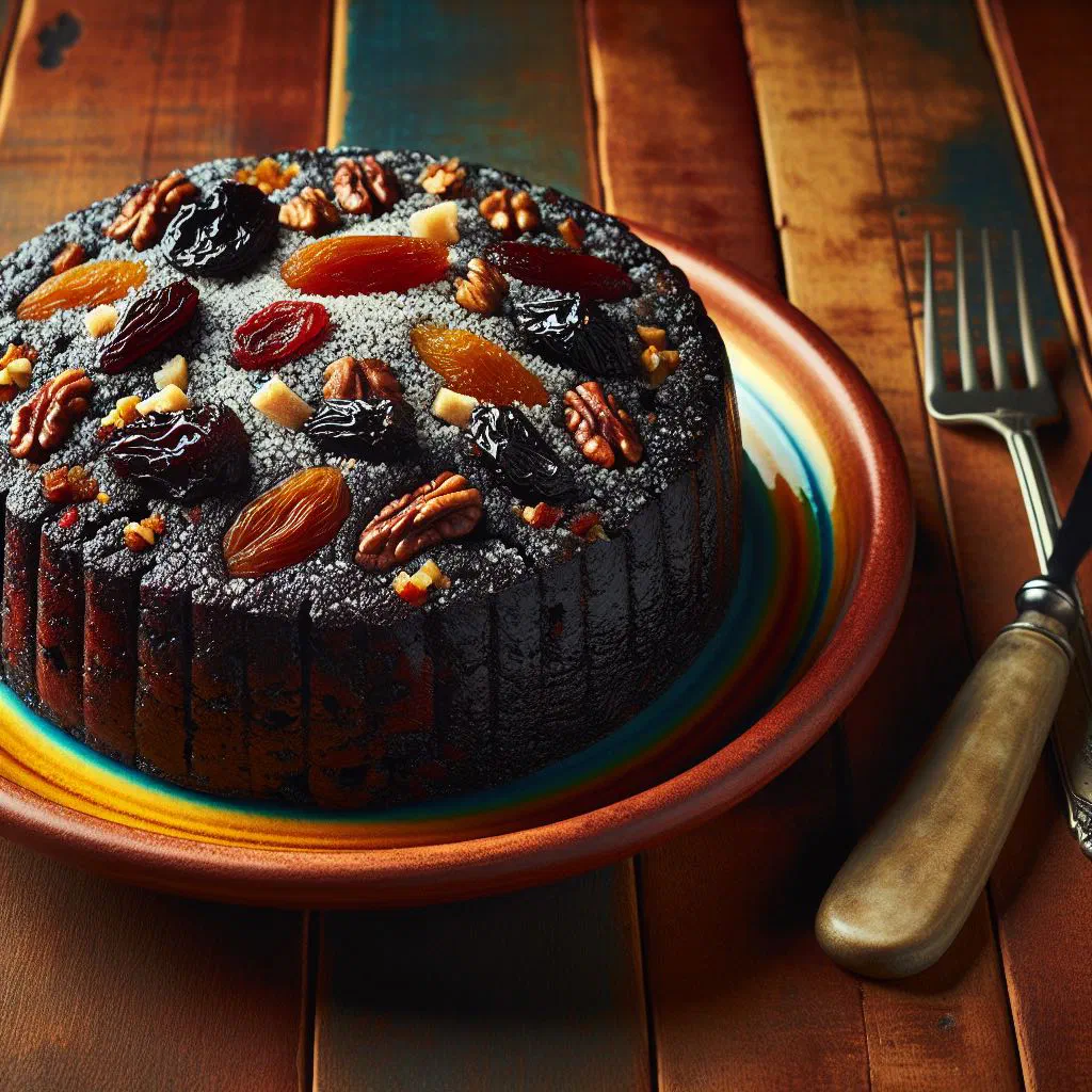 Slice of dark Venezuelan torta negra with glossy chocolate glaze and dried fruit