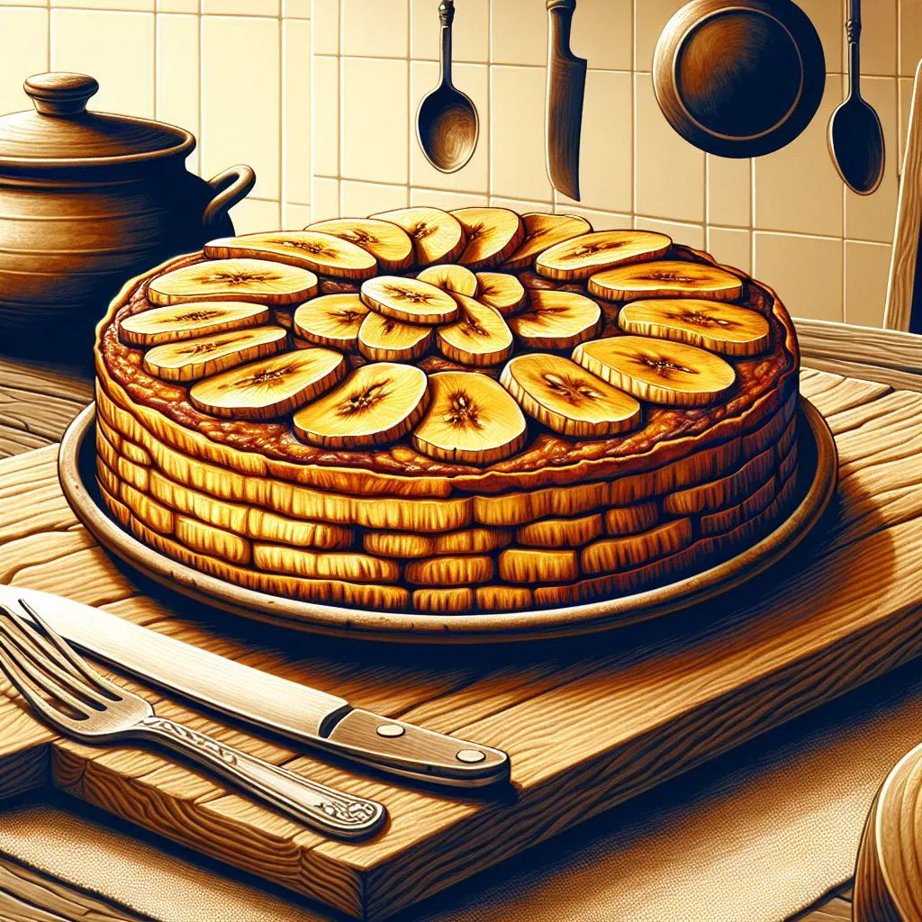 Golden plantain tortilla cut into wedges on a plate with fresh herbs