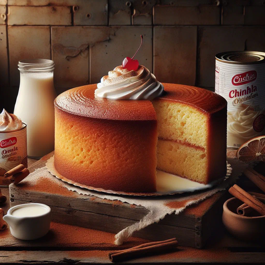 Slice of tres leches cake topped with whipped cream and cinnamon