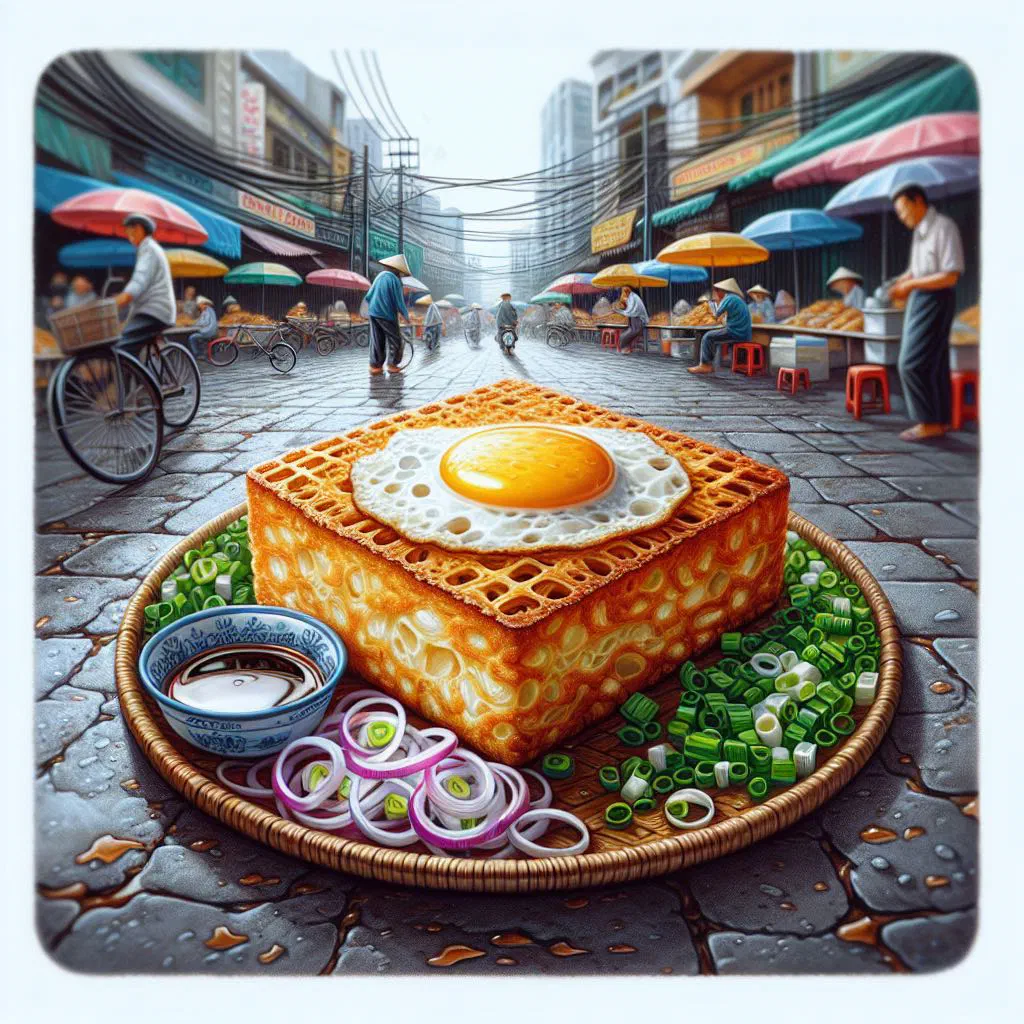 Crispy fried rice cake squares topped with egg and spring onions