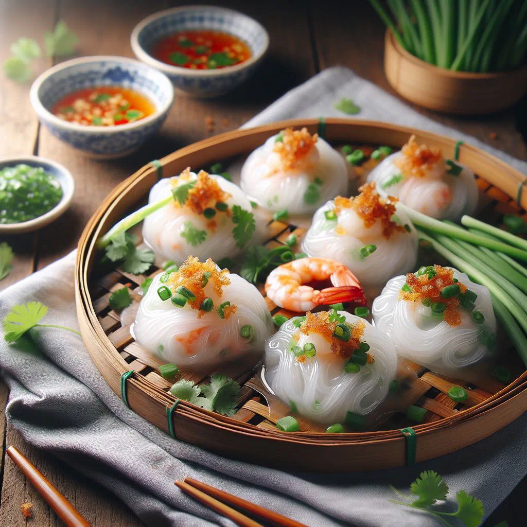 Translucent banh bot loc tapioca dumplings filled with prawns and pork