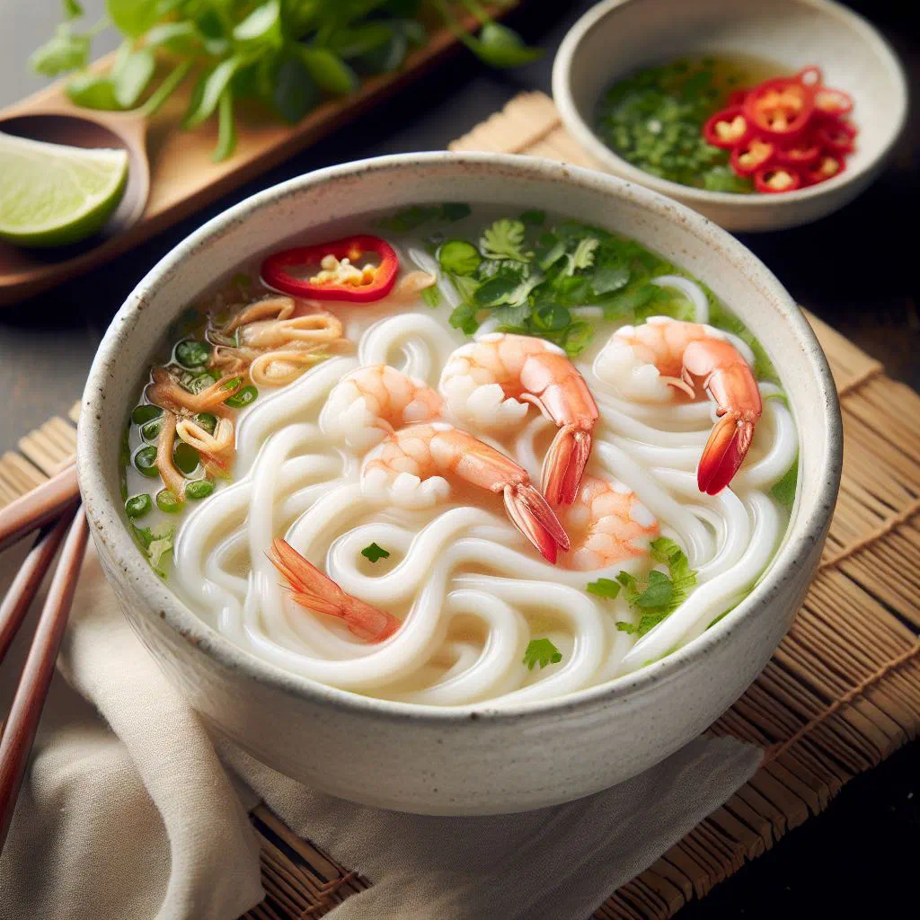 Bowl of banh canh tom cua with thick rice noodles, prawns and crab in broth