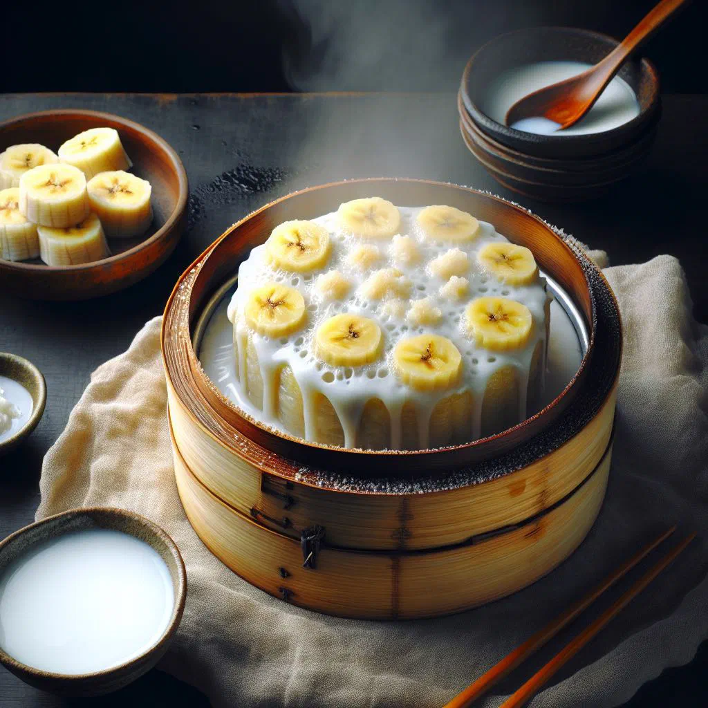 Steamed Vietnamese banana cake sliced and served on a plate