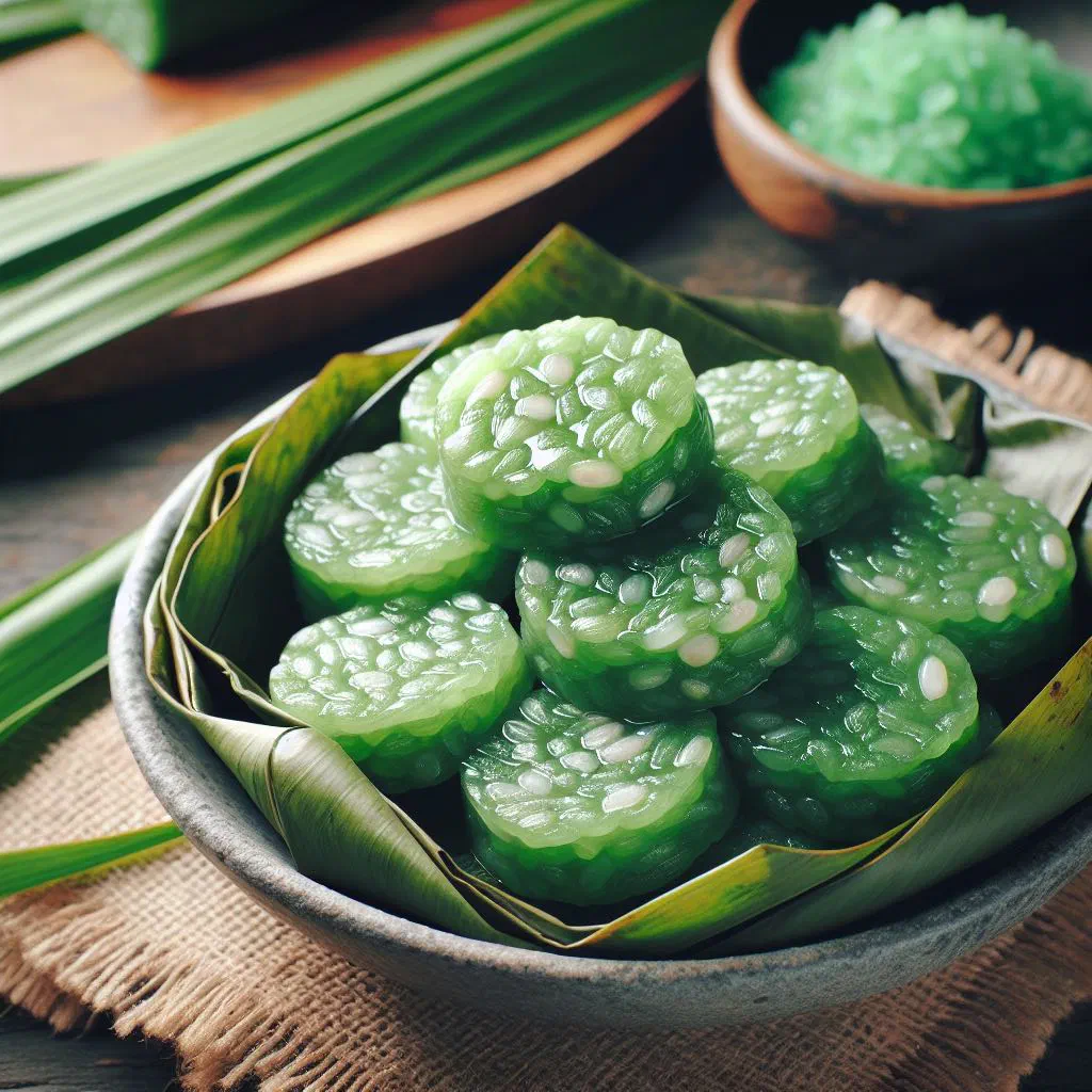 Banh com green rice cakes wrapped in banana leaves on a plate
