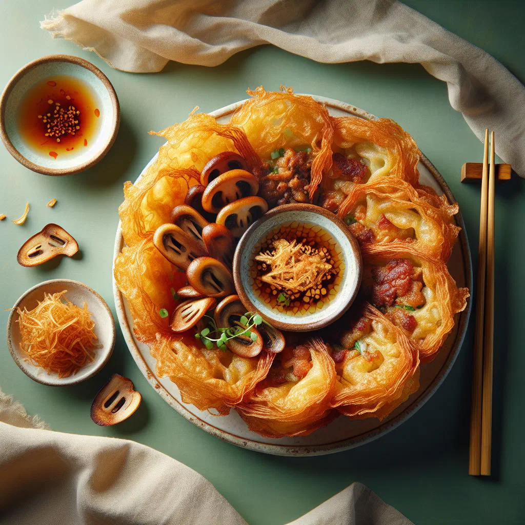 Golden, crispy fried Banh Gio Chien rice balls served with fresh herbs