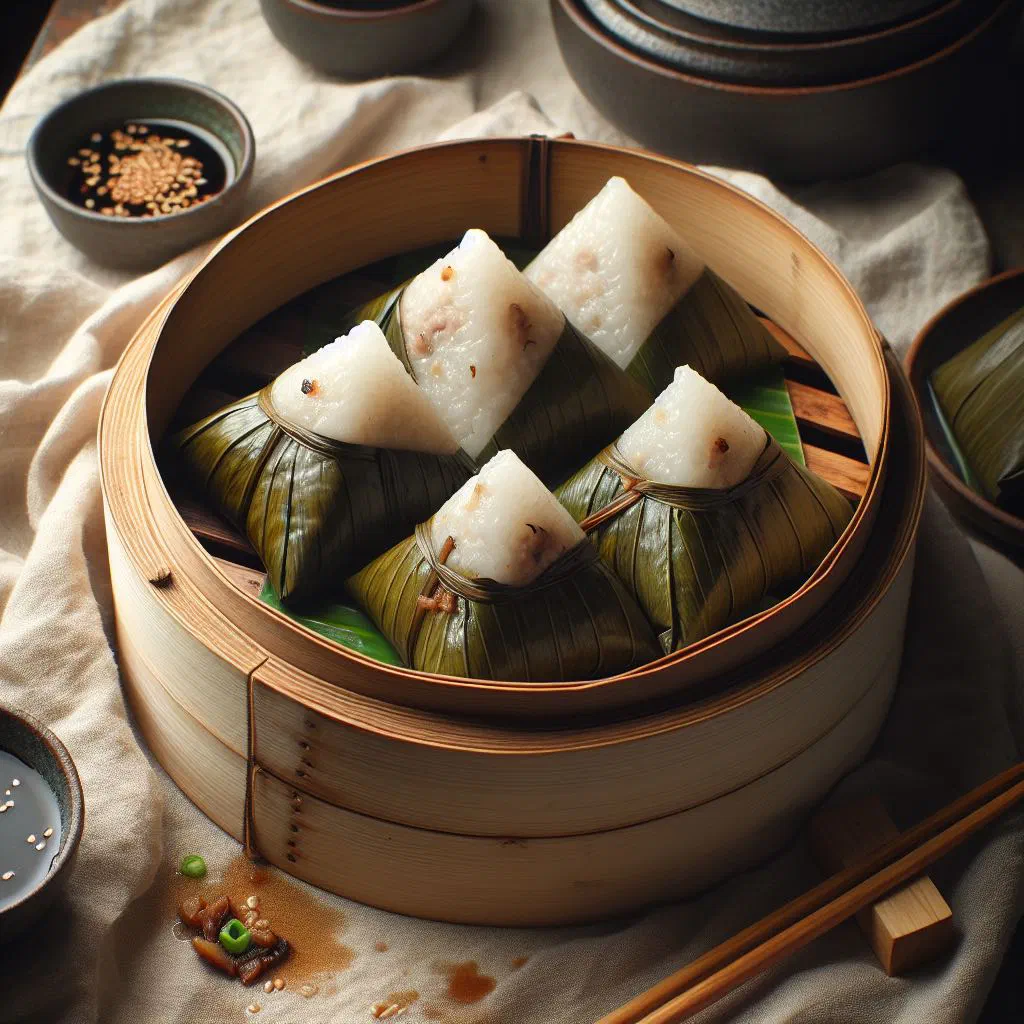 Steamed banh gio rice dumplings unwrapped from banana leaves