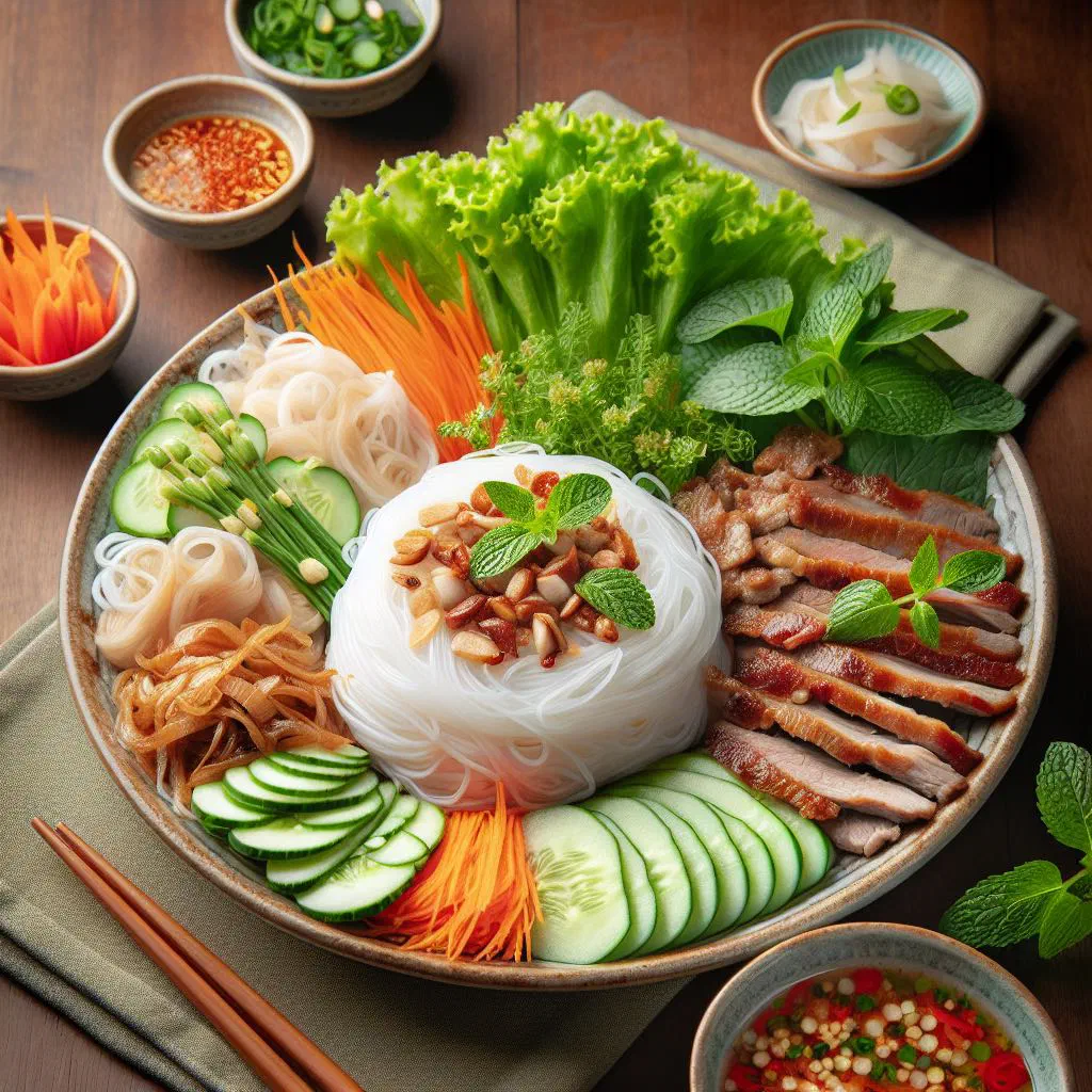 Banh hoi thit nuong with woven rice vermicelli, grilled pork and fresh herbs