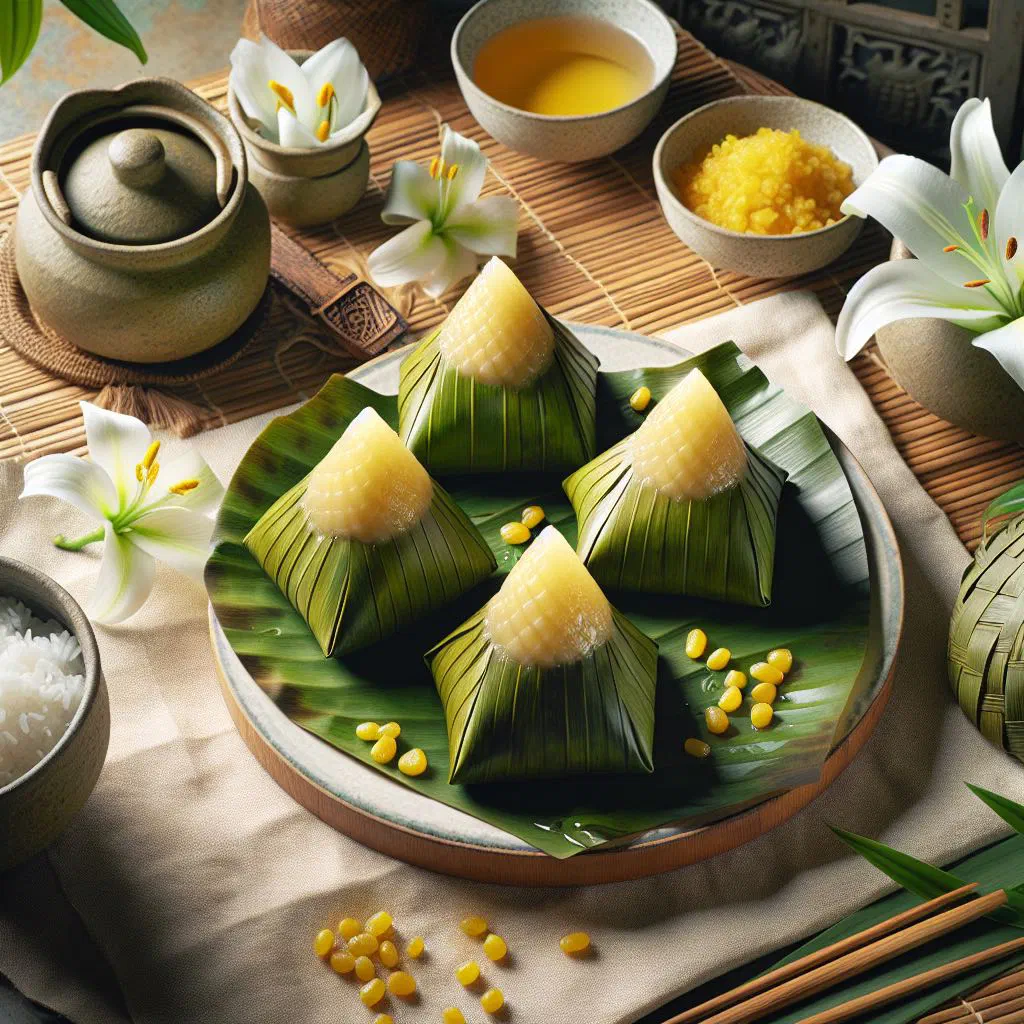 Banh it gai sticky rice dumplings wrapped in banana leaves on a plate