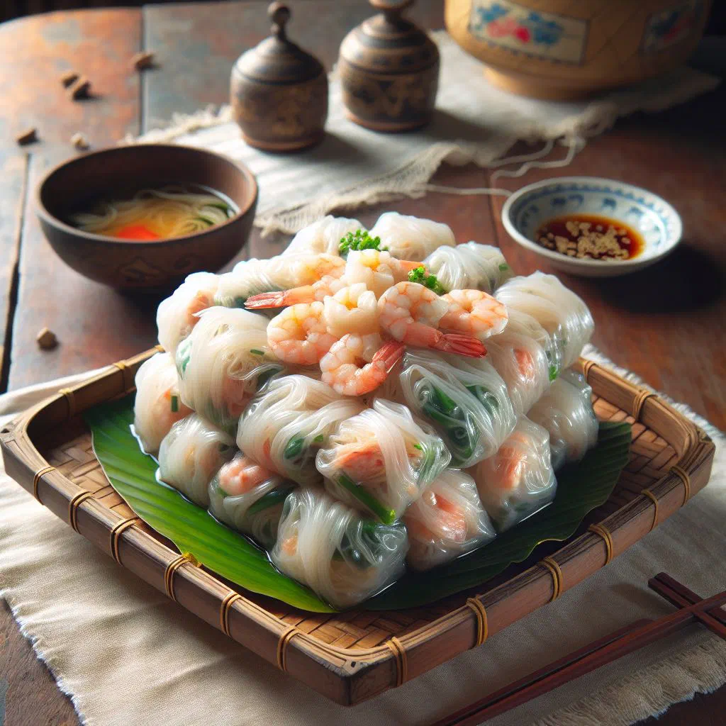 Steamed glutinous rice dumplings filled with prawn and pork, served with fresh herbs
