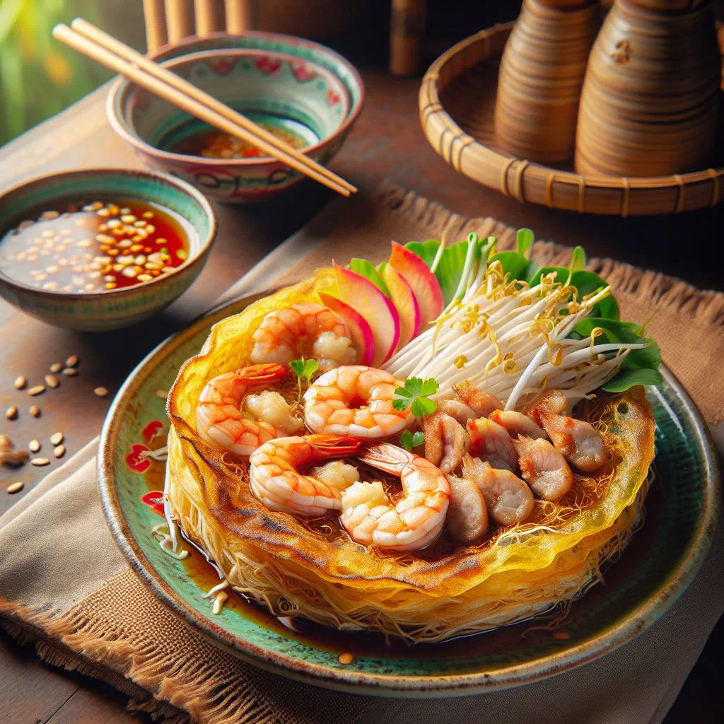 Crispy golden Banh Khoai rice pancakes filled with vegetables and herbs