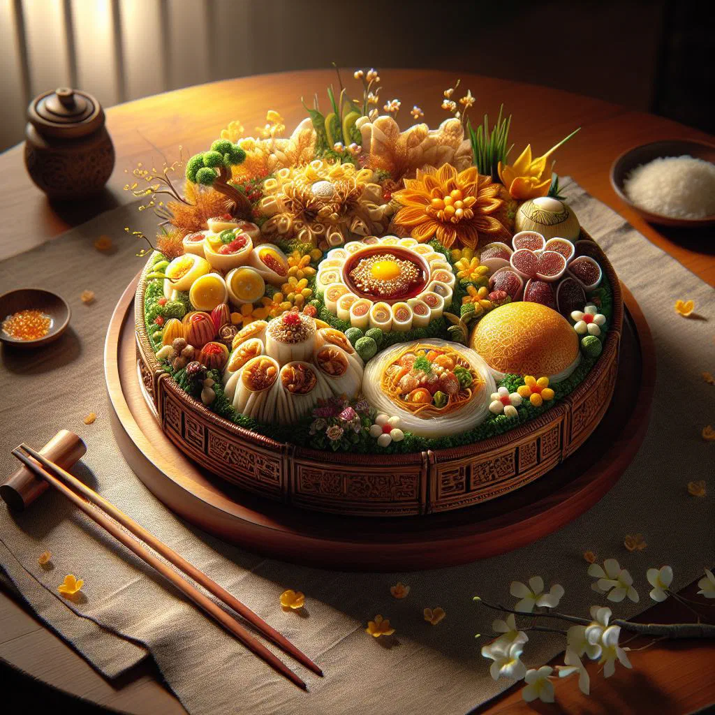 Folded Vietnamese rice crepes filled with vegetables and fresh herbs, served with dipping sauce