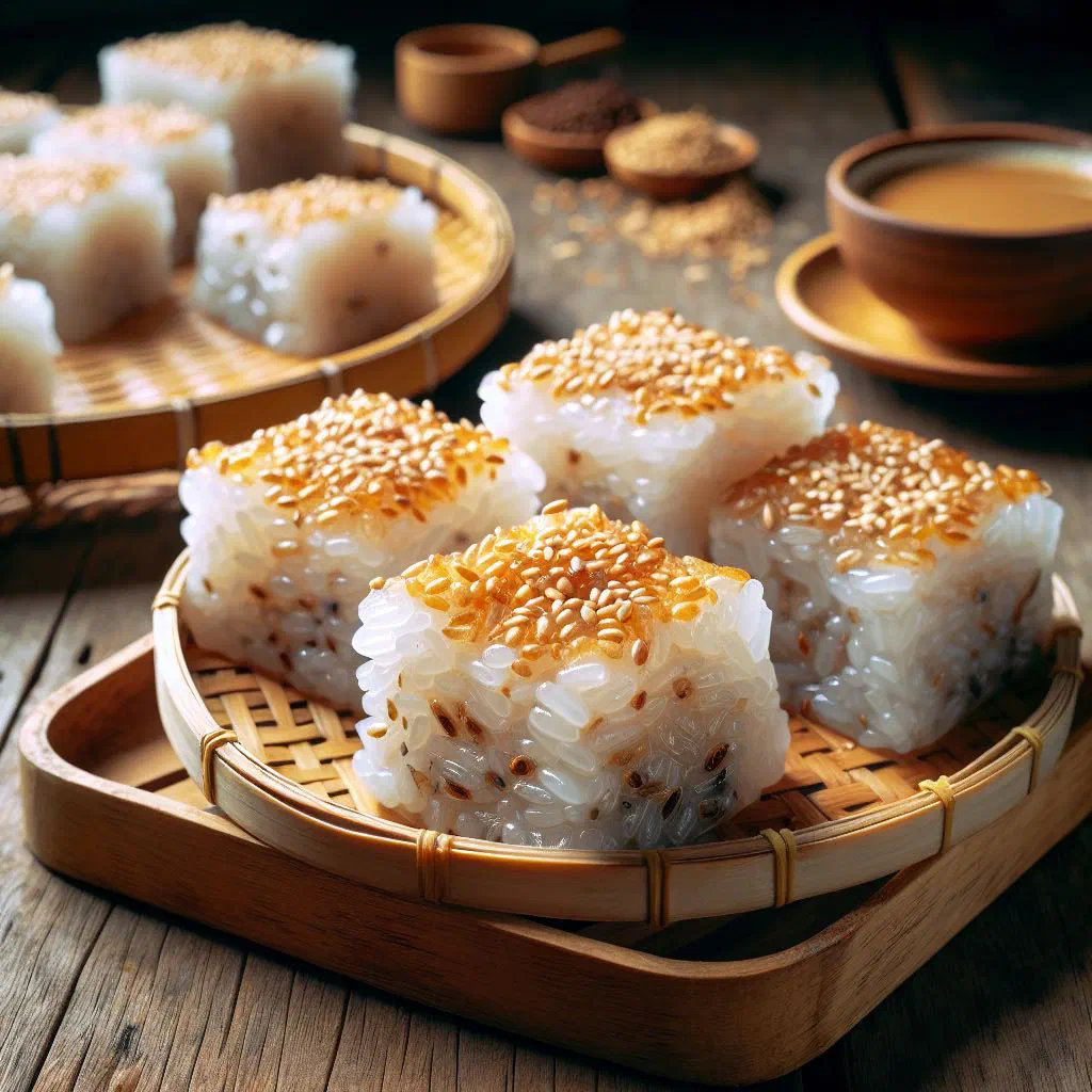 Steamed Banh Nep glutinous rice cakes dusted with sesame on a plate