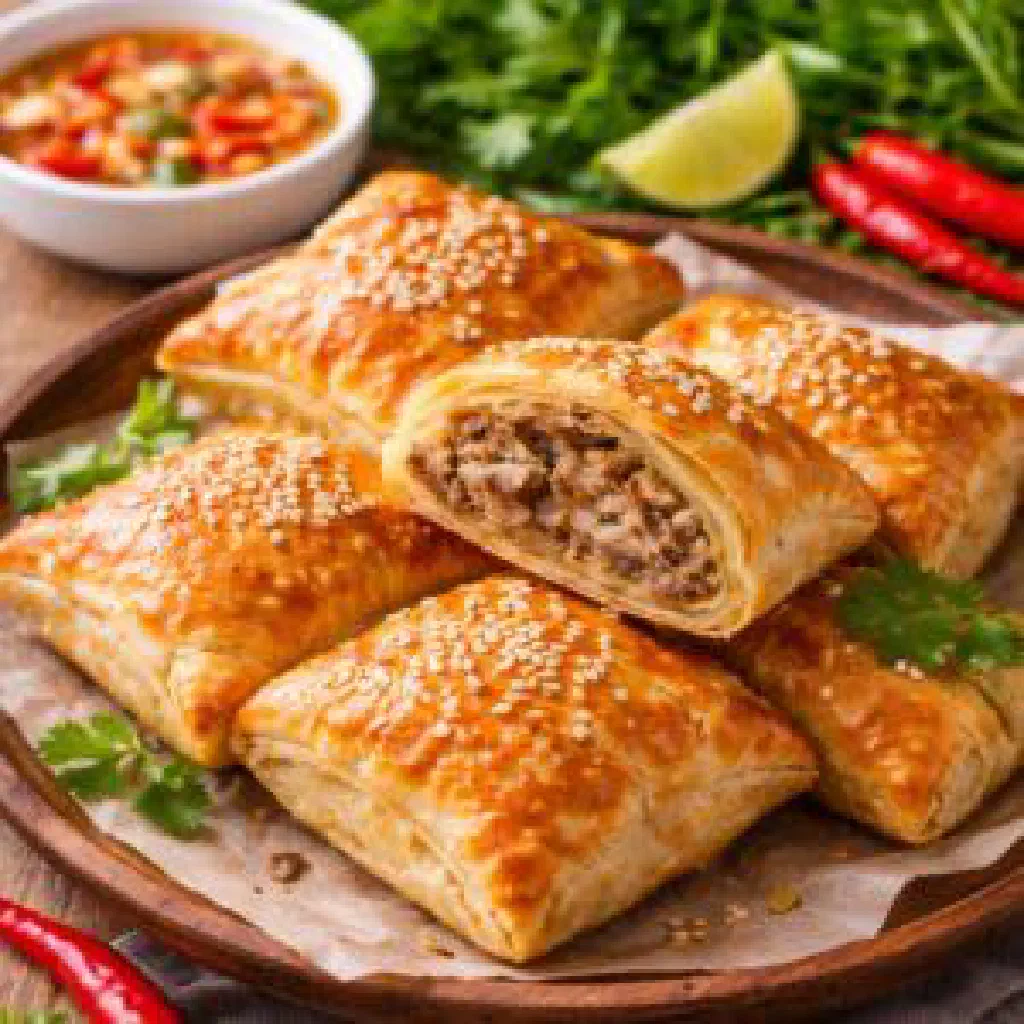 Golden, flaky Banh Pateso pastries filled with savoury minced pork
